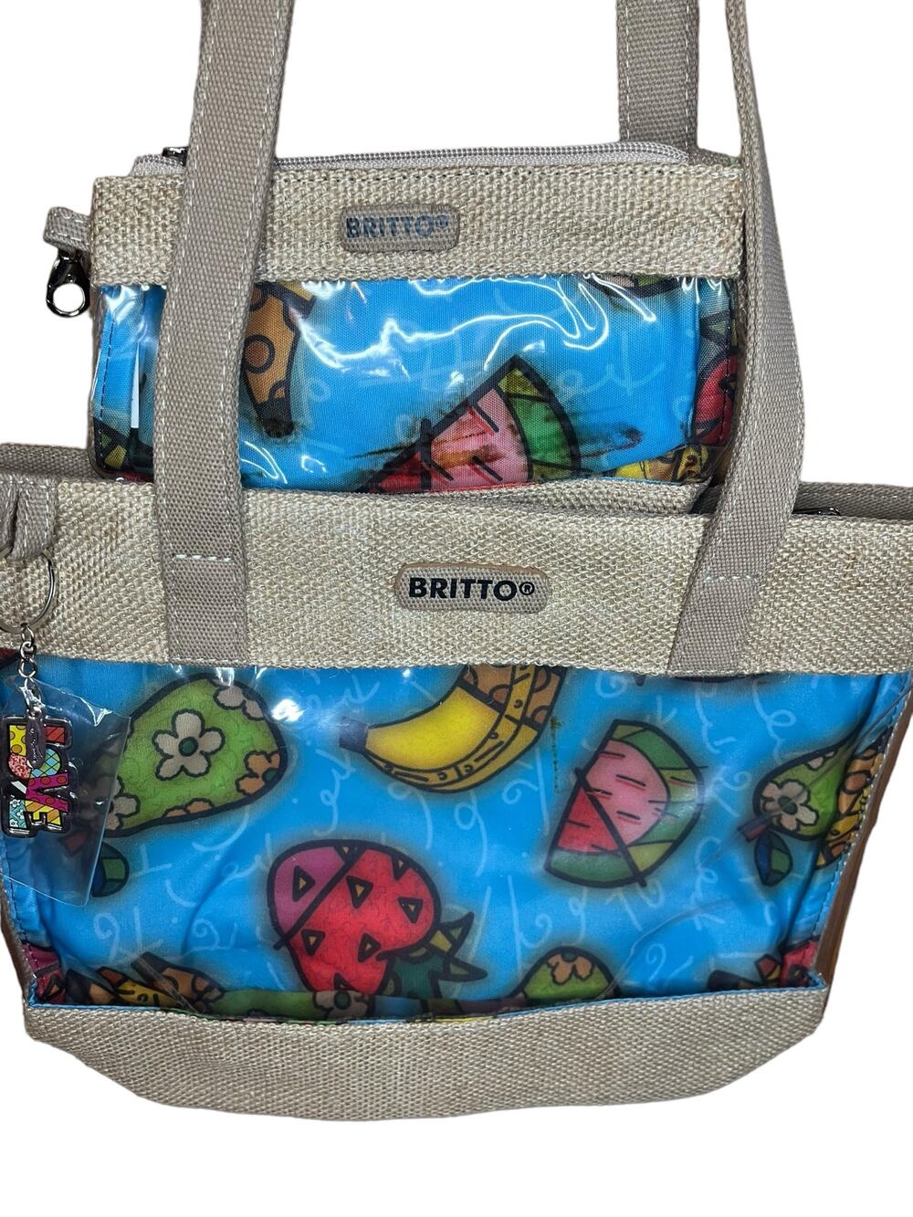 Britto Tote Bag with Cosmetic Case. Clear PVC front. Fruit motif. NWT